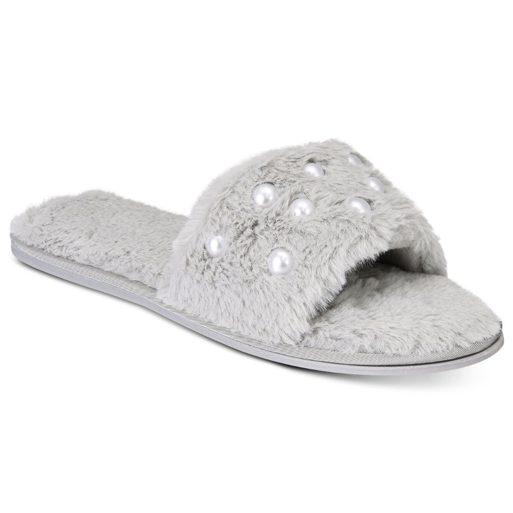 INC Women's Embellished Faux Pearls/Fur Slide Slippers in Gray Size L (9-10)